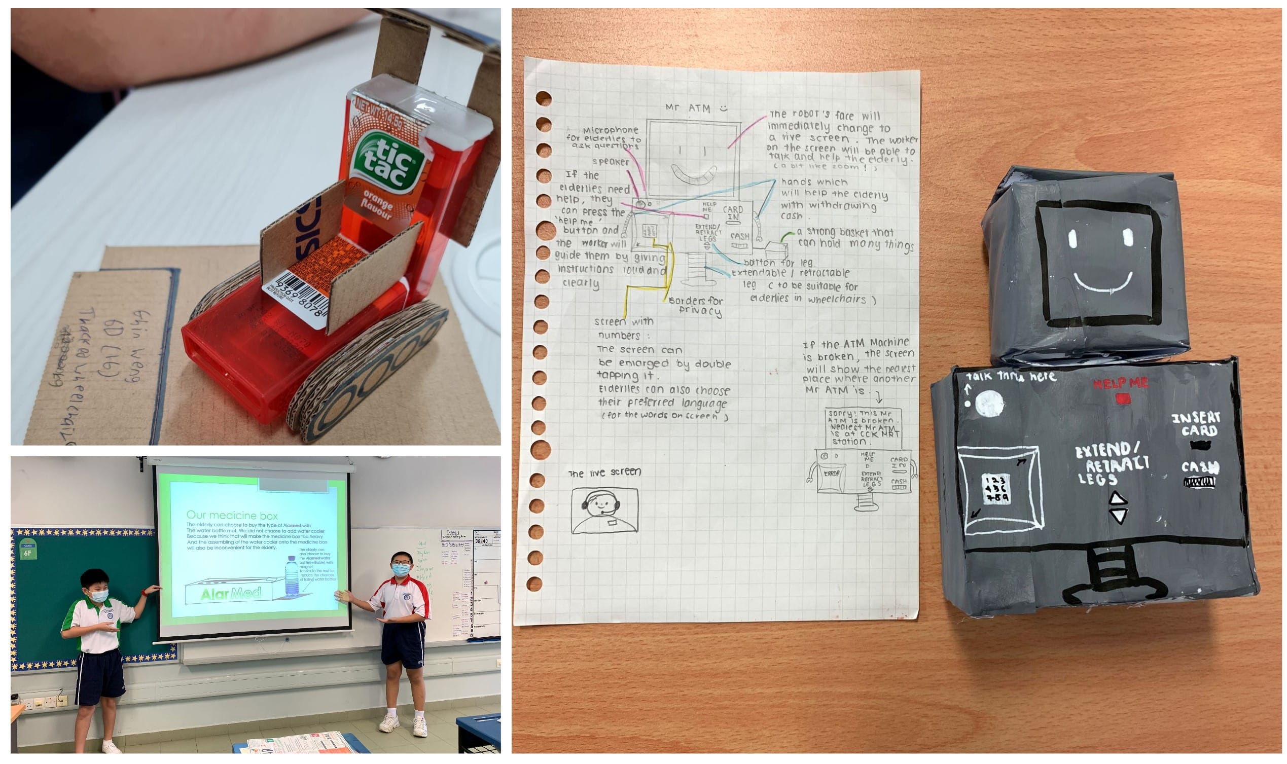 Student project collage showing a cardboard vehicle, two kids presenting, a design sketch, and a grey robot ATM model.